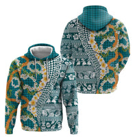 Hawaiian Plumeria Lei Hoodie Kakau Motifs and Palaka Half Style Turquoise Color - Polynesian Pride