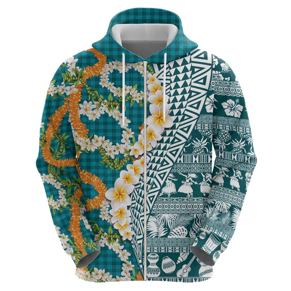 Hawaiian Plumeria Lei Hoodie Kakau Motifs and Palaka Half Style Turquoise Color - Polynesian Pride
