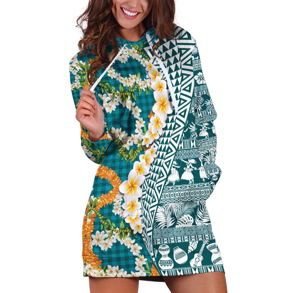 Hawaiian Plumeria Lei Hoodie Dress Kakau Motifs and Palaka Half Style Turquoise Color LT03 Turquoise - Polynesian Pride