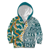 Hawaiian Plumeria Lei Kid Hoodie Kakau Motifs and Palaka Half Style Turquoise Color LT03 Zip Hoodie Turquoise - Polynesian Pride