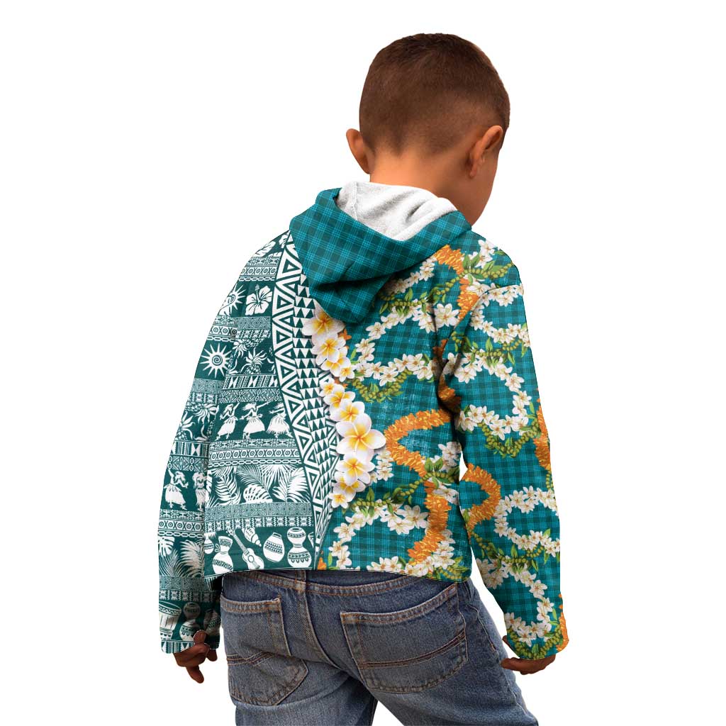 Hawaiian Plumeria Lei Kid Hoodie Kakau Motifs and Palaka Half Style Turquoise Color LT03 - Polynesian Pride