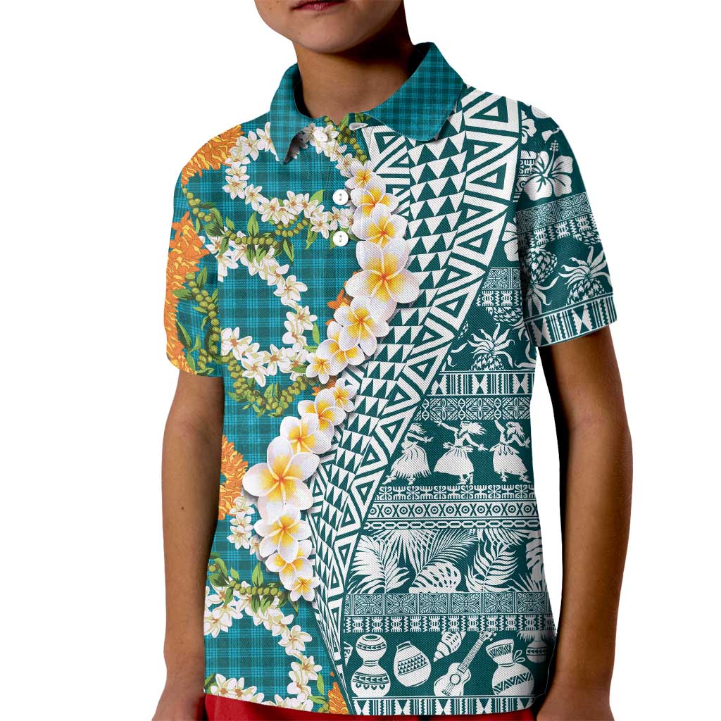 Hawaiian Plumeria Lei Kid Polo Shirt Kakau Motifs and Palaka Half Style Turquoise Color - Polynesian Pride