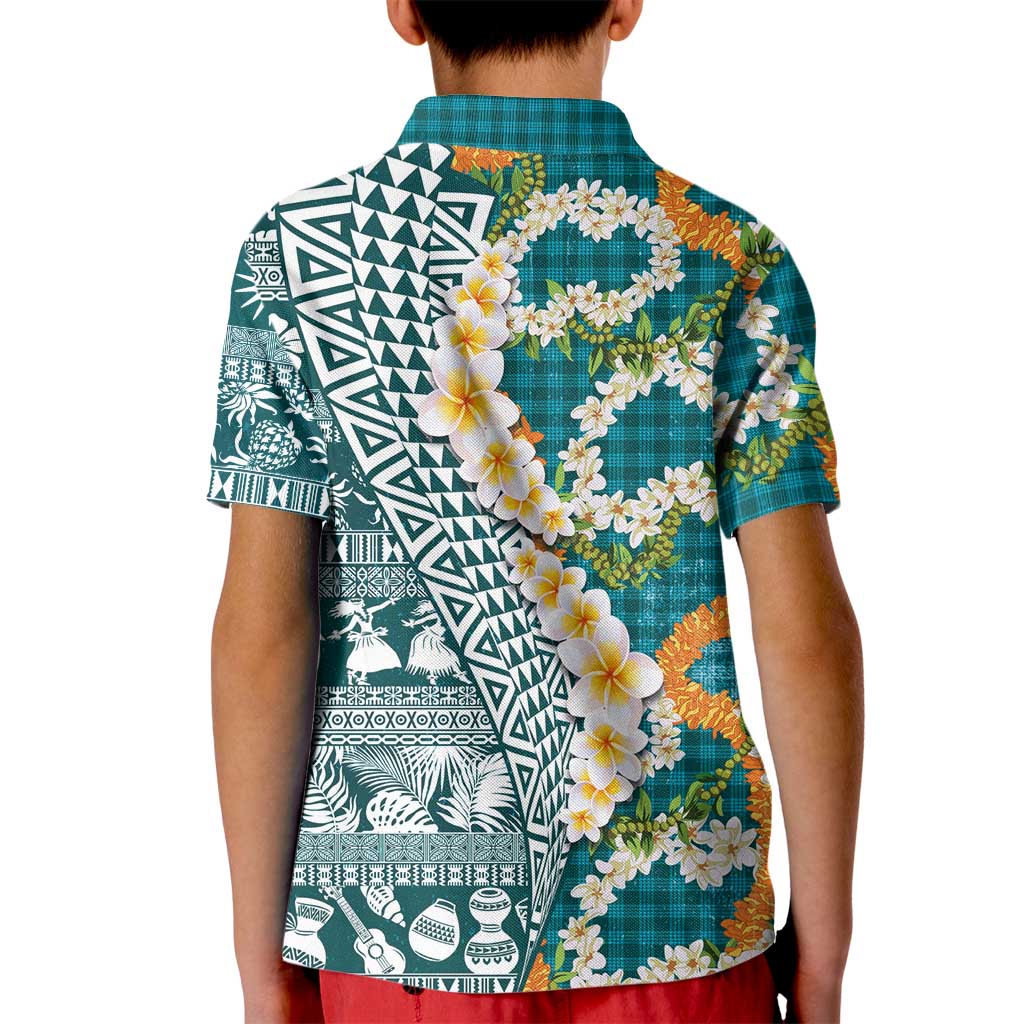 Hawaiian Plumeria Lei Kid Polo Shirt Kakau Motifs and Palaka Half Style Turquoise Color LT03 - Polynesian Pride