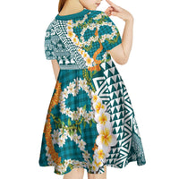 Hawaiian Plumeria Lei Kid Short Sleeve Dress Kakau Motifs and Palaka Half Style Turquoise Color LT03 - Polynesian Pride