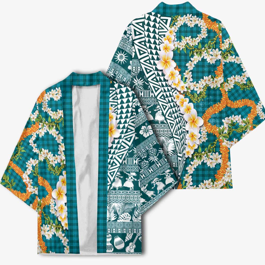 Hawaiian Plumeria Lei Kimono Kakau Motifs and Palaka Half Style Turquoise Color - Polynesian Pride