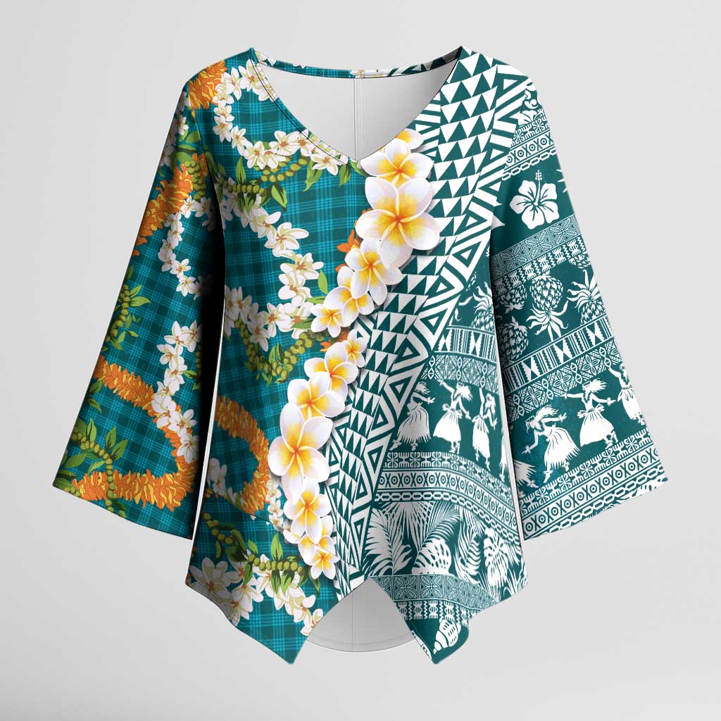 Hawaiian Plumeria Lei Kimono Sleeve Blouse Kakau Motifs and Palaka Half Style Turquoise Color - Polynesian Pride
