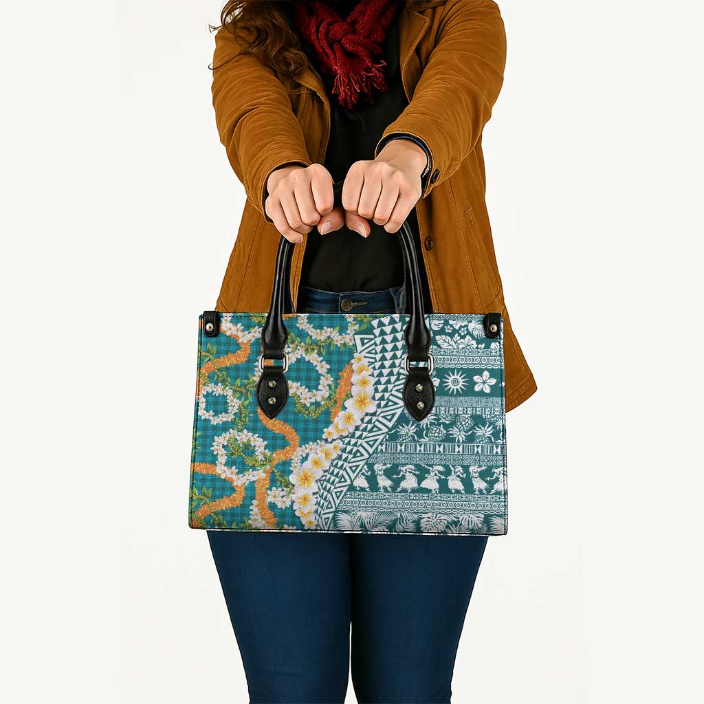 Hawaiian Plumeria Lei Leather Bag Kakau Motifs and Palaka Half Style Turquoise Color - Polynesian Pride