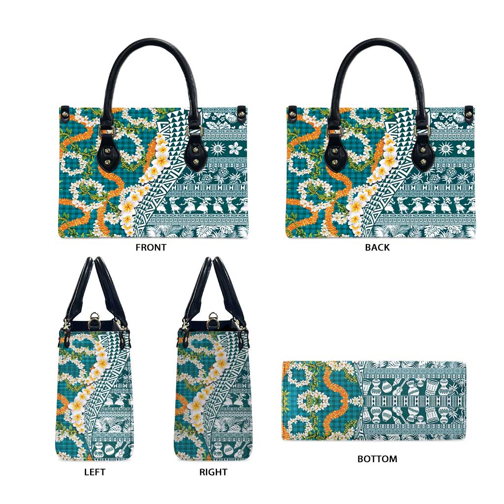 Hawaiian Plumeria Lei Leather Bag Kakau Motifs and Palaka Half Style Turquoise Color - Polynesian Pride