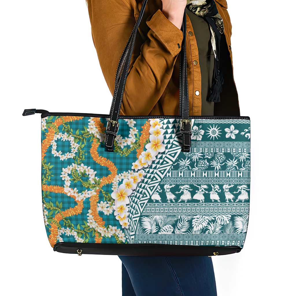 Hawaiian Plumeria Lei Leather Tote Bag Kakau Motifs and Palaka Half Style Turquoise Color - Polynesian Pride