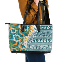 Hawaiian Plumeria Lei Leather Tote Bag Kakau Motifs and Palaka Half Style Turquoise Color - Polynesian Pride