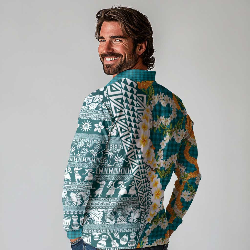 Hawaiian Plumeria Lei Long Sleeve Polo Shirt Kakau Motifs and Palaka Half Style Turquoise Color LT03 - Polynesian Pride
