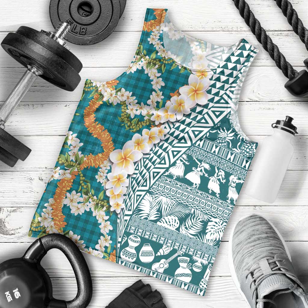 Hawaiian Plumeria Lei Men Tank Top Kakau Motifs and Palaka Half Style Turquoise Color - Polynesian Pride