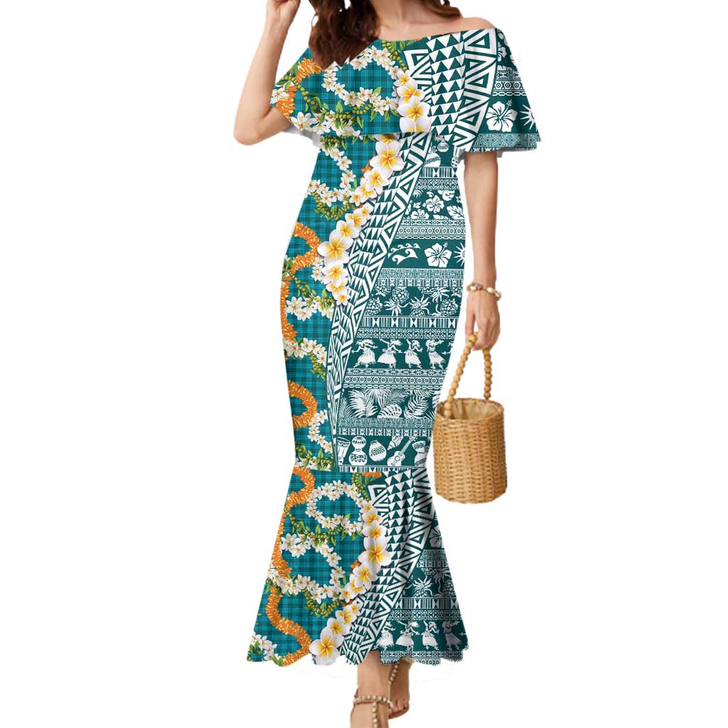 Hawaiian Plumeria Lei Mermaid Dress Kakau Motifs and Palaka Half Style Turquoise Color - Polynesian Pride