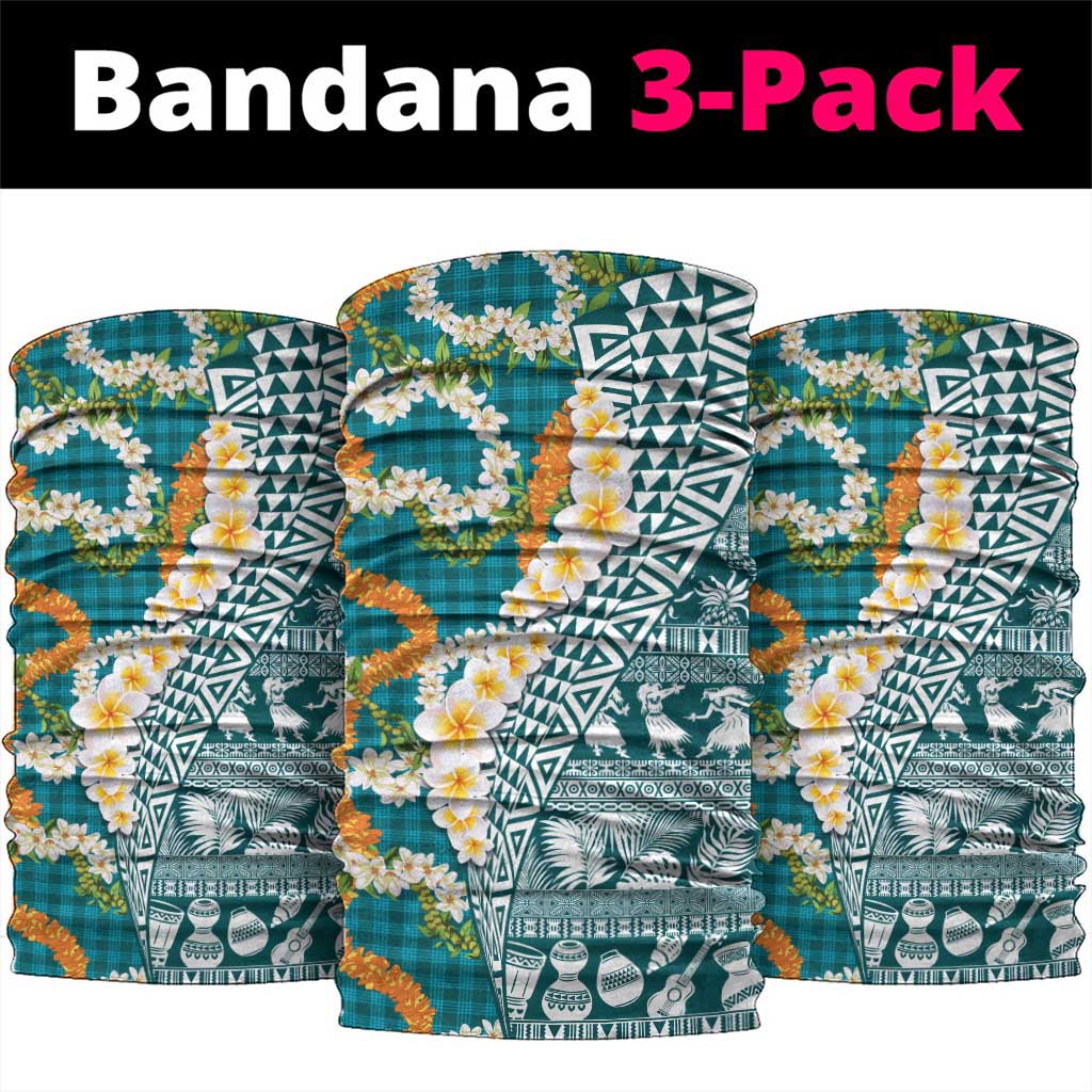 Hawaiian Plumeria Lei Neck Gaiter Kakau Motifs and Palaka Half Style Turquoise Color - Polynesian Pride