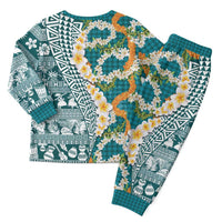 Hawaiian Plumeria Lei Christmas Pajama Set Kakau Motifs and Palaka Half Style Turquoise Color - Polynesian Pride