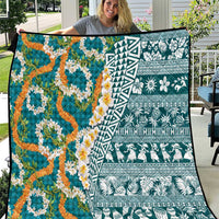 Hawaiian Plumeria Lei Quilt Kakau Motifs and Palaka Half Style Turquoise Color - Polynesian Pride
