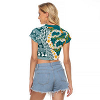 Hawaiian Plumeria Lei Raglan Cropped T Shirt Kakau Motifs and Palaka Half Style Turquoise Color LT03 - Polynesian Pride