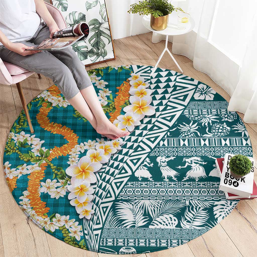 Hawaiian Plumeria Lei Round Carpet Kakau Motifs and Palaka Half Style Turquoise Color - Polynesian Pride