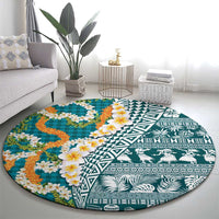 Hawaiian Plumeria Lei Round Carpet Kakau Motifs and Palaka Half Style Turquoise Color - Polynesian Pride