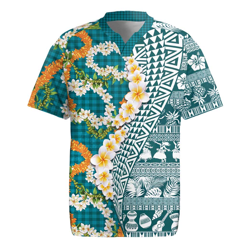 Hawaiian Plumeria Lei Rugby Jersey Kakau Motifs and Palaka Half Style Turquoise Color - Polynesian Pride