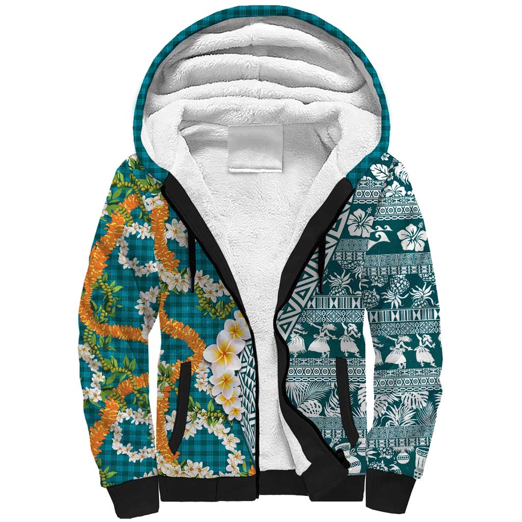 Hawaiian Plumeria Lei Sherpa Hoodie Kakau Motifs and Palaka Half Style Turquoise Color LT03 Unisex Turquoise - Polynesian Pride