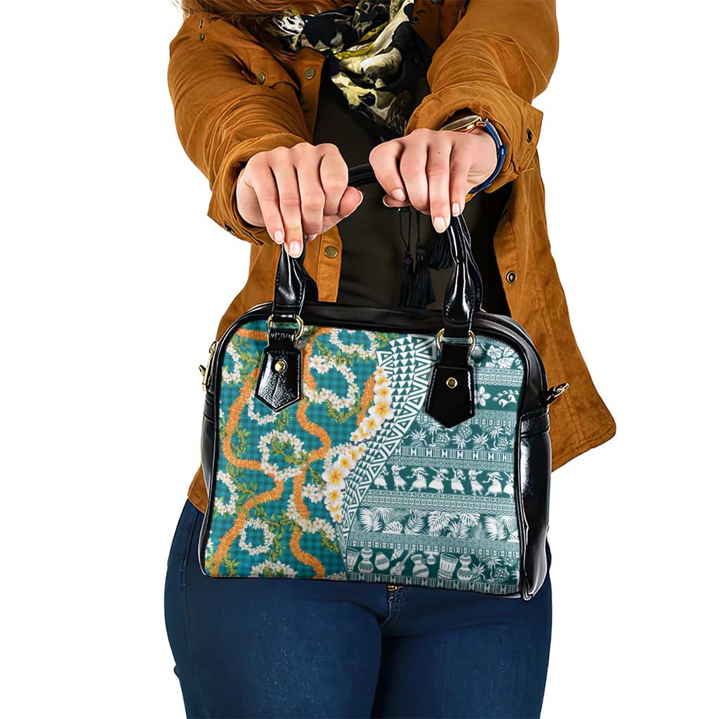 Hawaiian Plumeria Lei Shoulder Handbag Kakau Motifs and Palaka Half Style Turquoise Color - Polynesian Pride