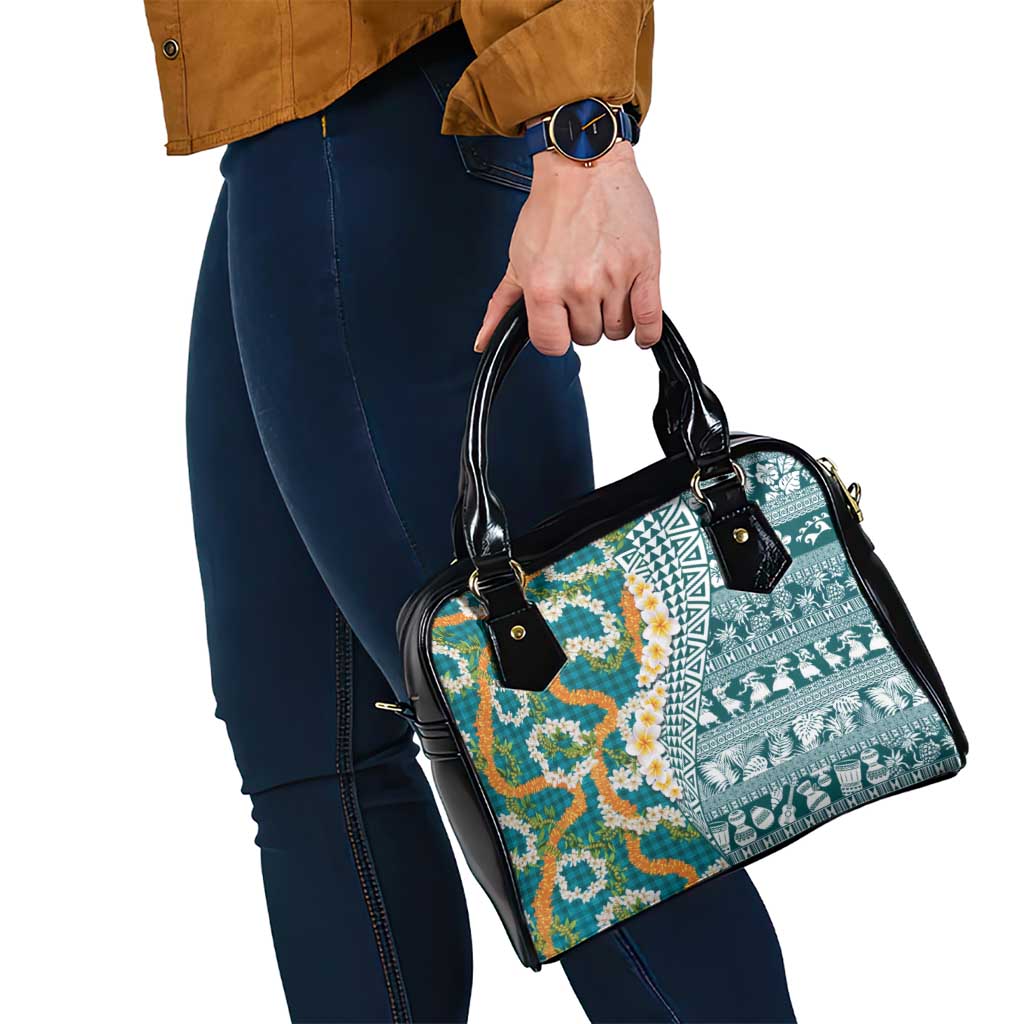 Hawaiian Plumeria Lei Shoulder Handbag Kakau Motifs and Palaka Half Style Turquoise Color - Polynesian Pride