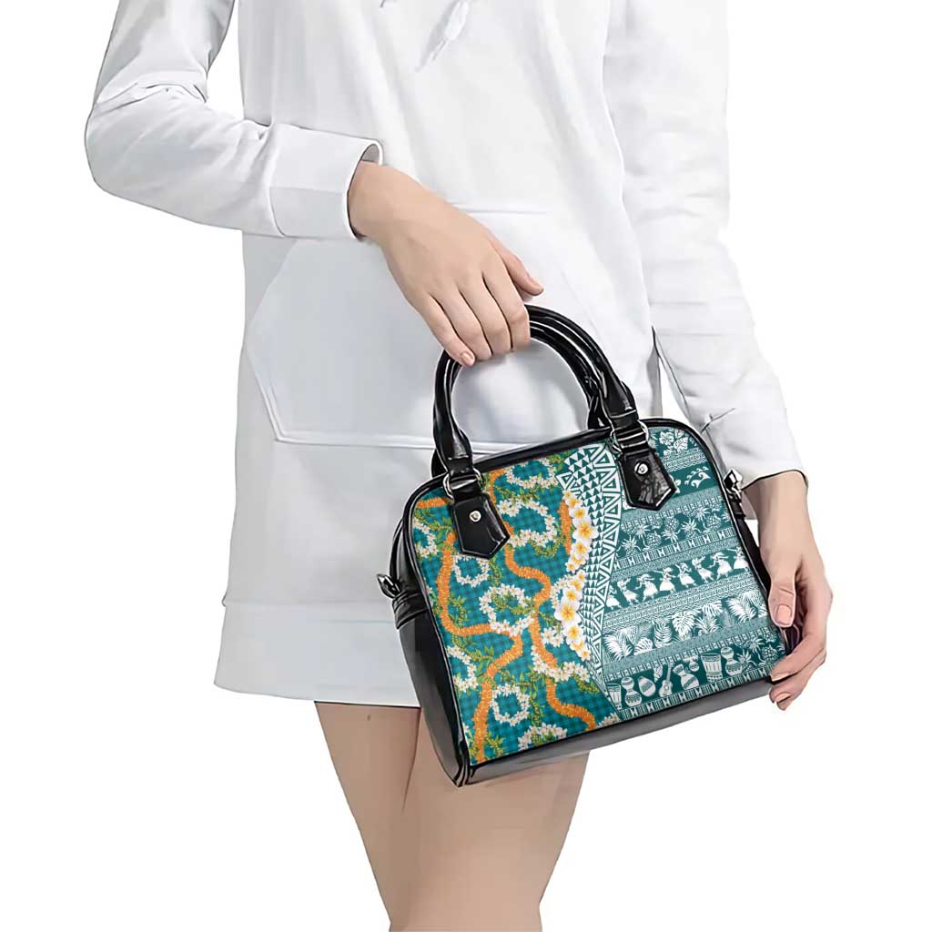 Hawaiian Plumeria Lei Shoulder Handbag Kakau Motifs and Palaka Half Style Turquoise Color - Polynesian Pride