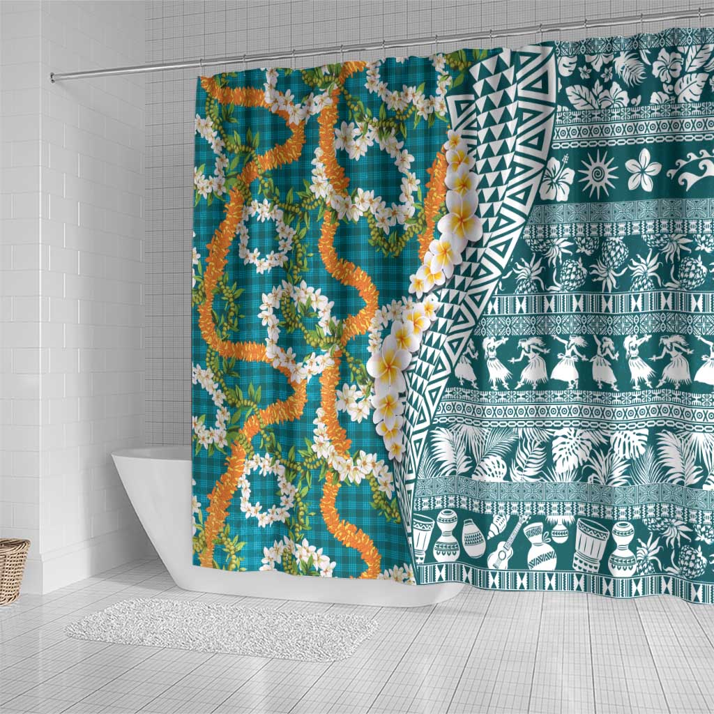 Hawaiian Plumeria Lei Shower Curtain Kakau Motifs and Palaka Half Style Turquoise Color - Polynesian Pride