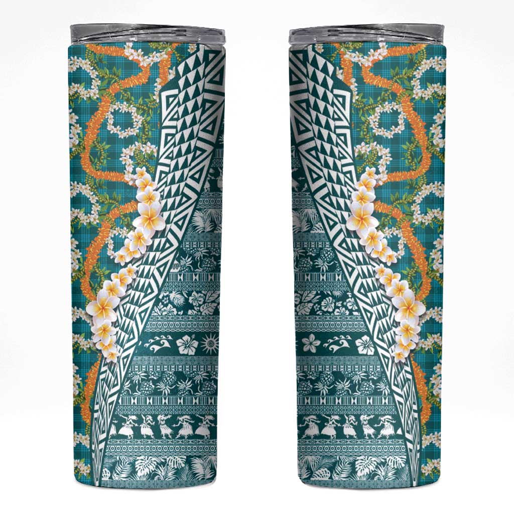 Hawaiian Plumeria Lei Skinny Tumbler Kakau Motifs and Palaka Half Style Turquoise Color LT03 Turquoise - Polynesian Pride