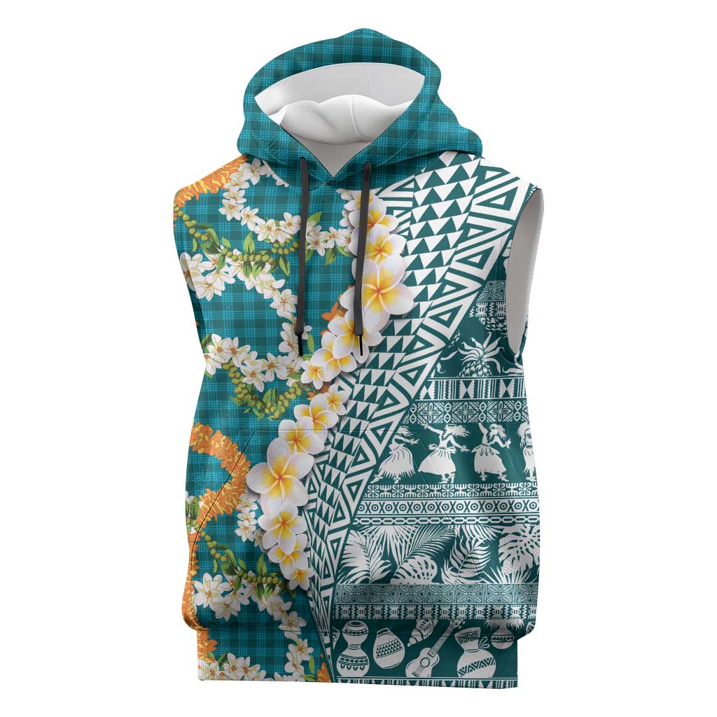 Hawaiian Plumeria Lei Sleeveless Hoodie Kakau Motifs and Palaka Half Style Turquoise Color LT03 Turquoise - Polynesian Pride