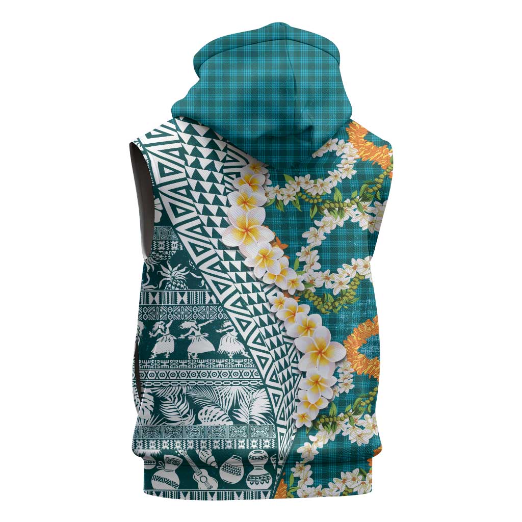 Hawaiian Plumeria Lei Sleeveless Hoodie Kakau Motifs and Palaka Half Style Turquoise Color LT03 - Polynesian Pride