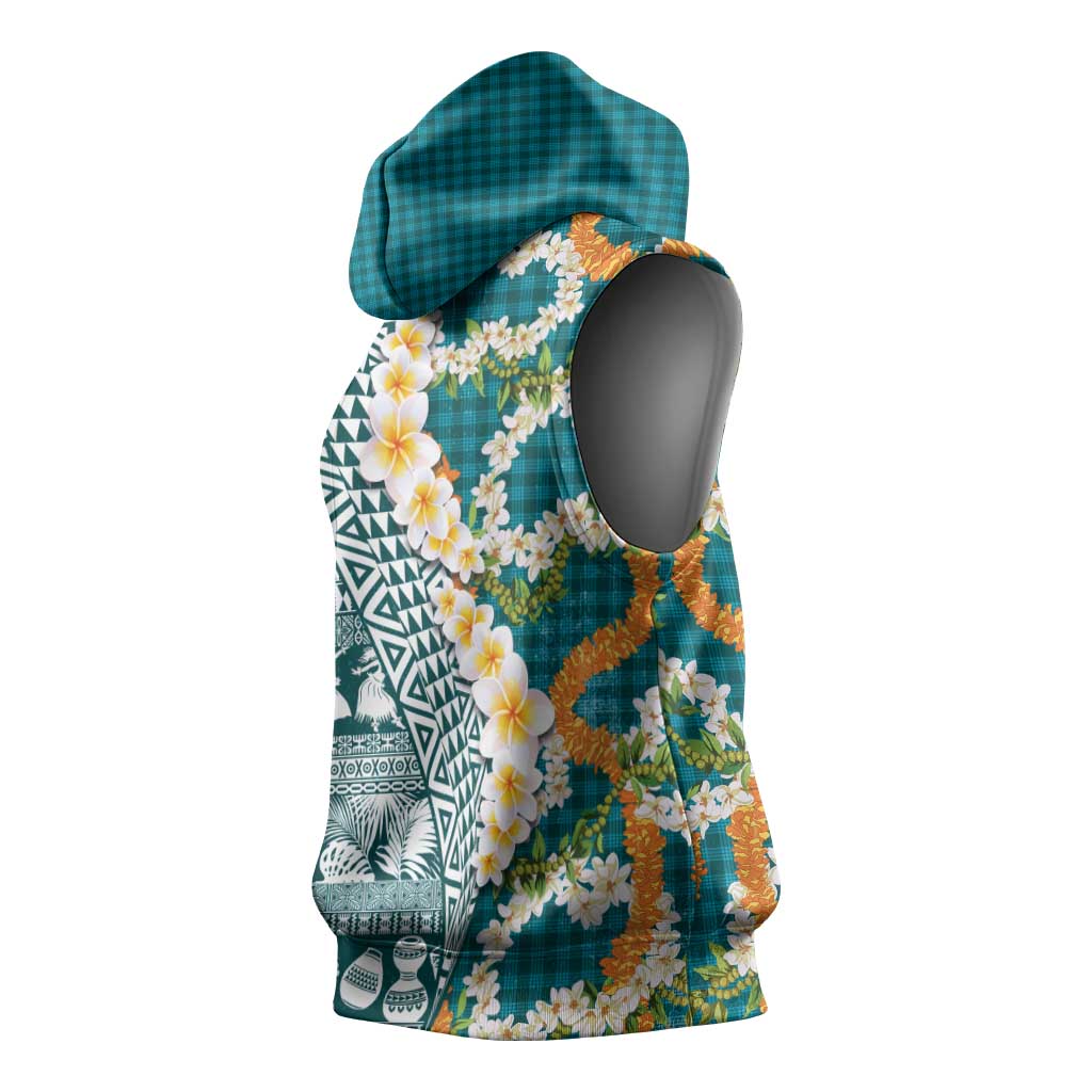 Hawaiian Plumeria Lei Sleeveless Hoodie Kakau Motifs and Palaka Half Style Turquoise Color LT03 - Polynesian Pride