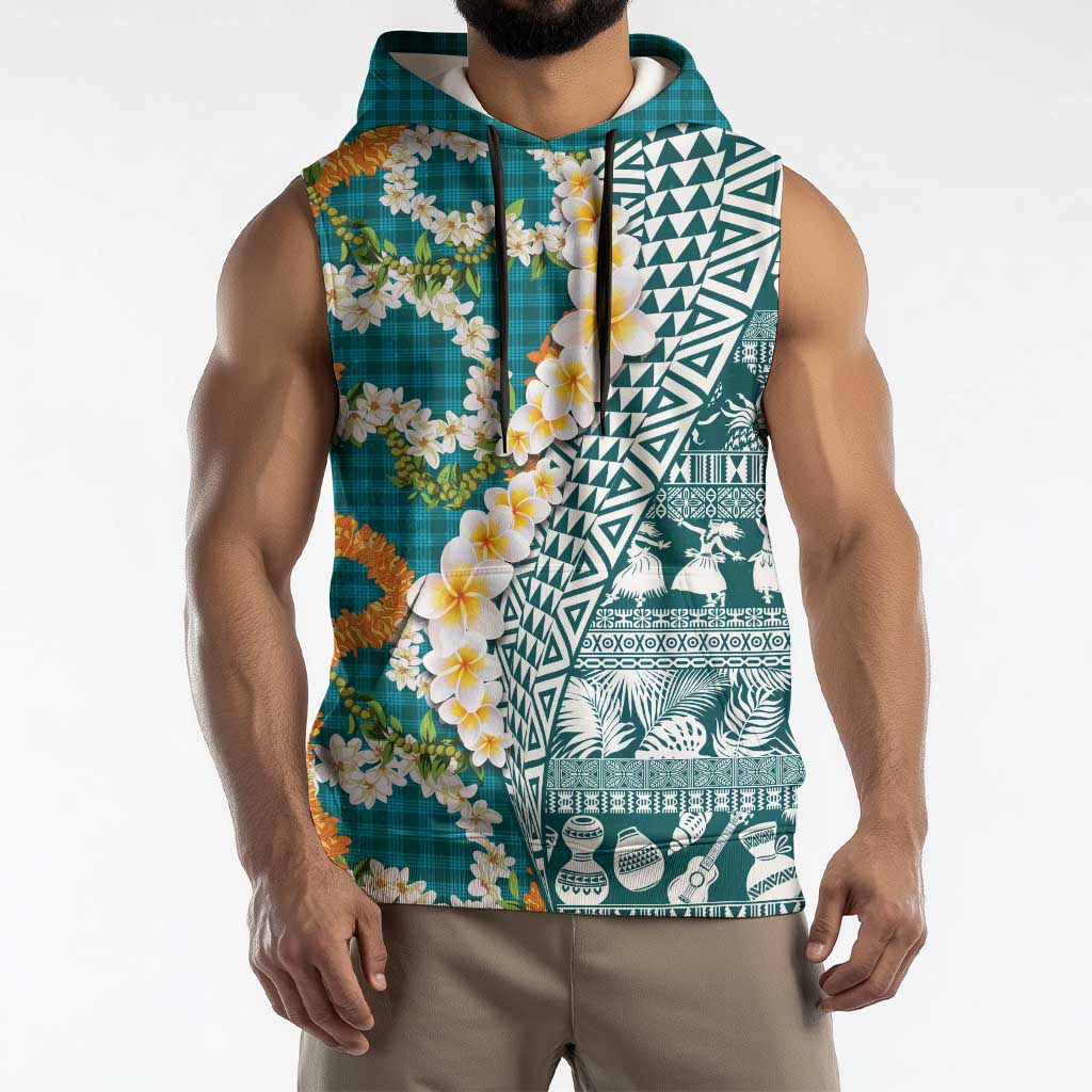 Hawaiian Plumeria Lei Sleeveless Hoodie Kakau Motifs and Palaka Half Style Turquoise Color LT03 - Polynesian Pride