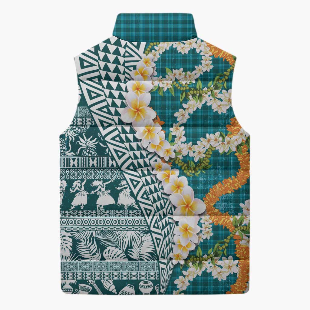 Hawaiian Plumeria Lei Sleeveless Puffer Jacket Kakau Motifs and Palaka Half Style Turquoise Color - Polynesian Pride