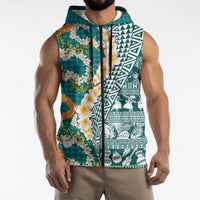 Hawaiian Plumeria Lei Sleeveless Zip Hoodie Kakau Motifs and Palaka Half Style Turquoise Color LT03 - Polynesian Pride