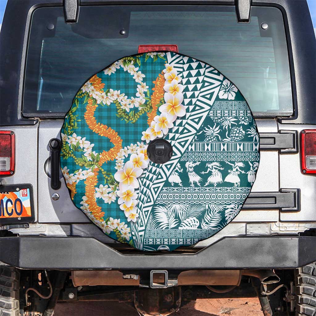 Hawaiian Plumeria Lei Spare Tire Cover Kakau Motifs and Palaka Half Style Turquoise Color LT03 Turquoise - Polynesian Pride