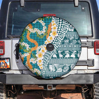Hawaiian Plumeria Lei Spare Tire Cover Kakau Motifs and Palaka Half Style Turquoise Color LT03 Turquoise - Polynesian Pride