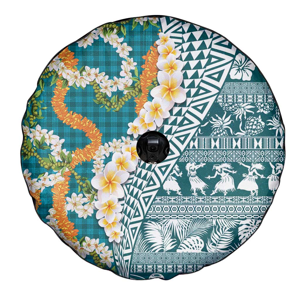 Hawaiian Plumeria Lei Spare Tire Cover Kakau Motifs and Palaka Half Style Turquoise Color LT03 - Polynesian Pride