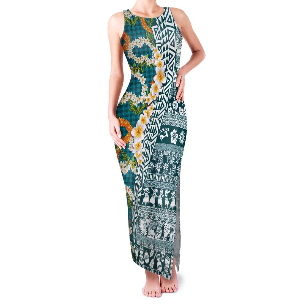 Hawaiian Plumeria Lei Tank Maxi Dress Kakau Motifs and Palaka Half Style Turquoise Color LT03 Women Turquoise - Polynesian Pride