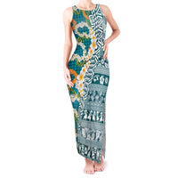 Hawaiian Plumeria Lei Tank Maxi Dress Kakau Motifs and Palaka Half Style Turquoise Color LT03 Women Turquoise - Polynesian Pride