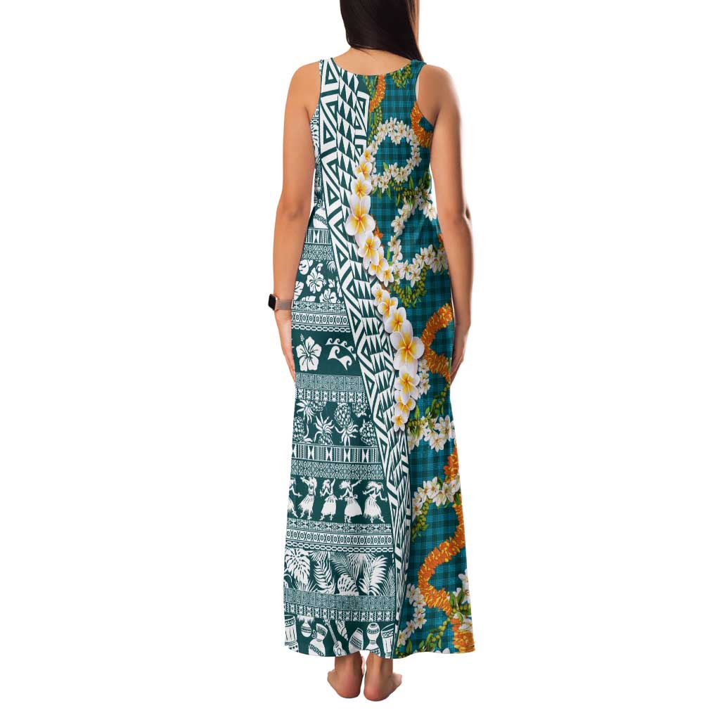 Hawaiian Plumeria Lei Tank Maxi Dress Kakau Motifs and Palaka Half Style Turquoise Color LT03 - Polynesian Pride