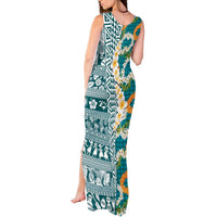 Hawaiian Plumeria Lei Tank Maxi Dress Kakau Motifs and Palaka Half Style Turquoise Color LT03 - Polynesian Pride