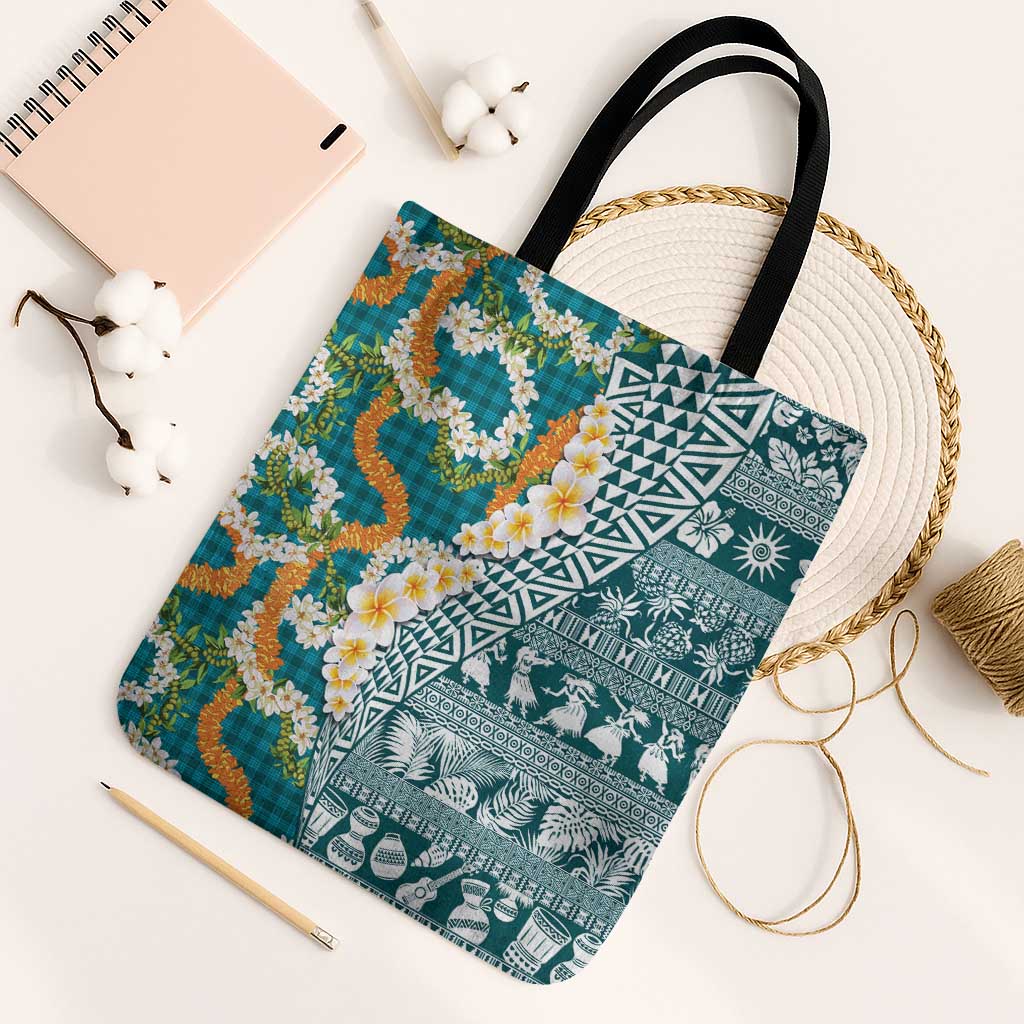 Hawaiian Plumeria Lei Tote Bag Kakau Motifs and Palaka Half Style Turquoise Color - Polynesian Pride
