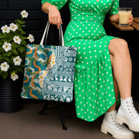 Hawaiian Plumeria Lei Tote Bag Kakau Motifs and Palaka Half Style Turquoise Color - Polynesian Pride