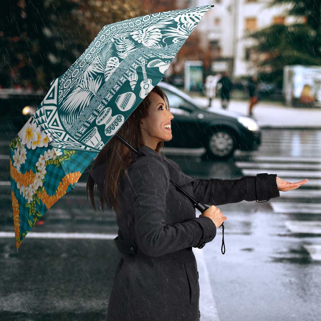 Hawaiian Plumeria Lei Umbrella Kakau Motifs and Palaka Half Style Turquoise Color - Polynesian Pride
