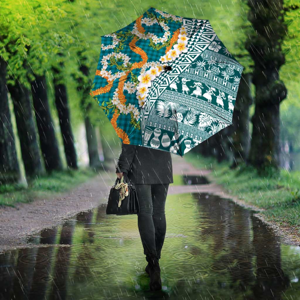 Hawaiian Plumeria Lei Umbrella Kakau Motifs and Palaka Half Style Turquoise Color - Polynesian Pride