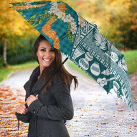 Hawaiian Plumeria Lei Umbrella Kakau Motifs and Palaka Half Style Turquoise Color - Polynesian Pride