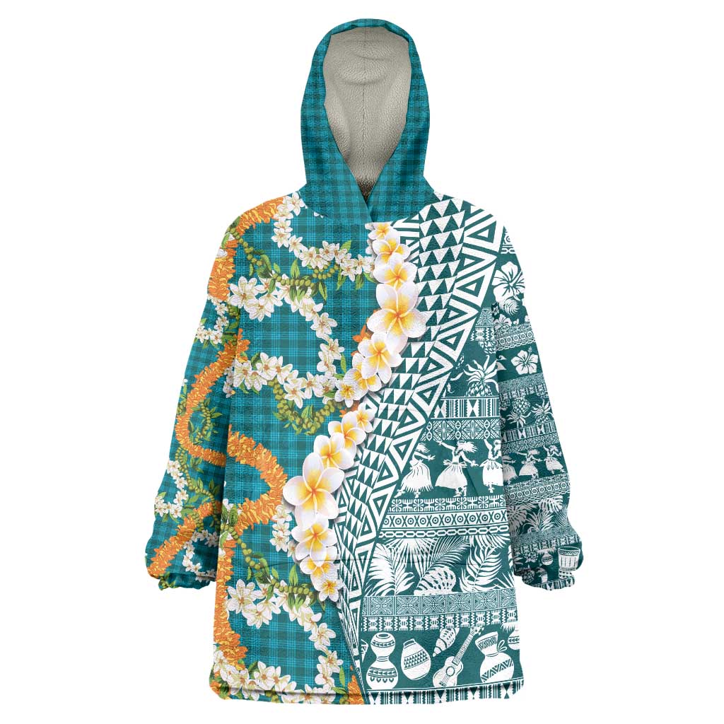 Hawaiian Plumeria Lei Wearable Blanket Hoodie Kakau Motifs and Palaka Half Style Turquoise Color LT03 One Size Turquoise - Polynesian Pride