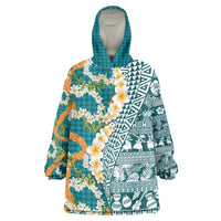 Hawaiian Plumeria Lei Wearable Blanket Hoodie Kakau Motifs and Palaka Half Style Turquoise Color LT03 One Size Turquoise - Polynesian Pride